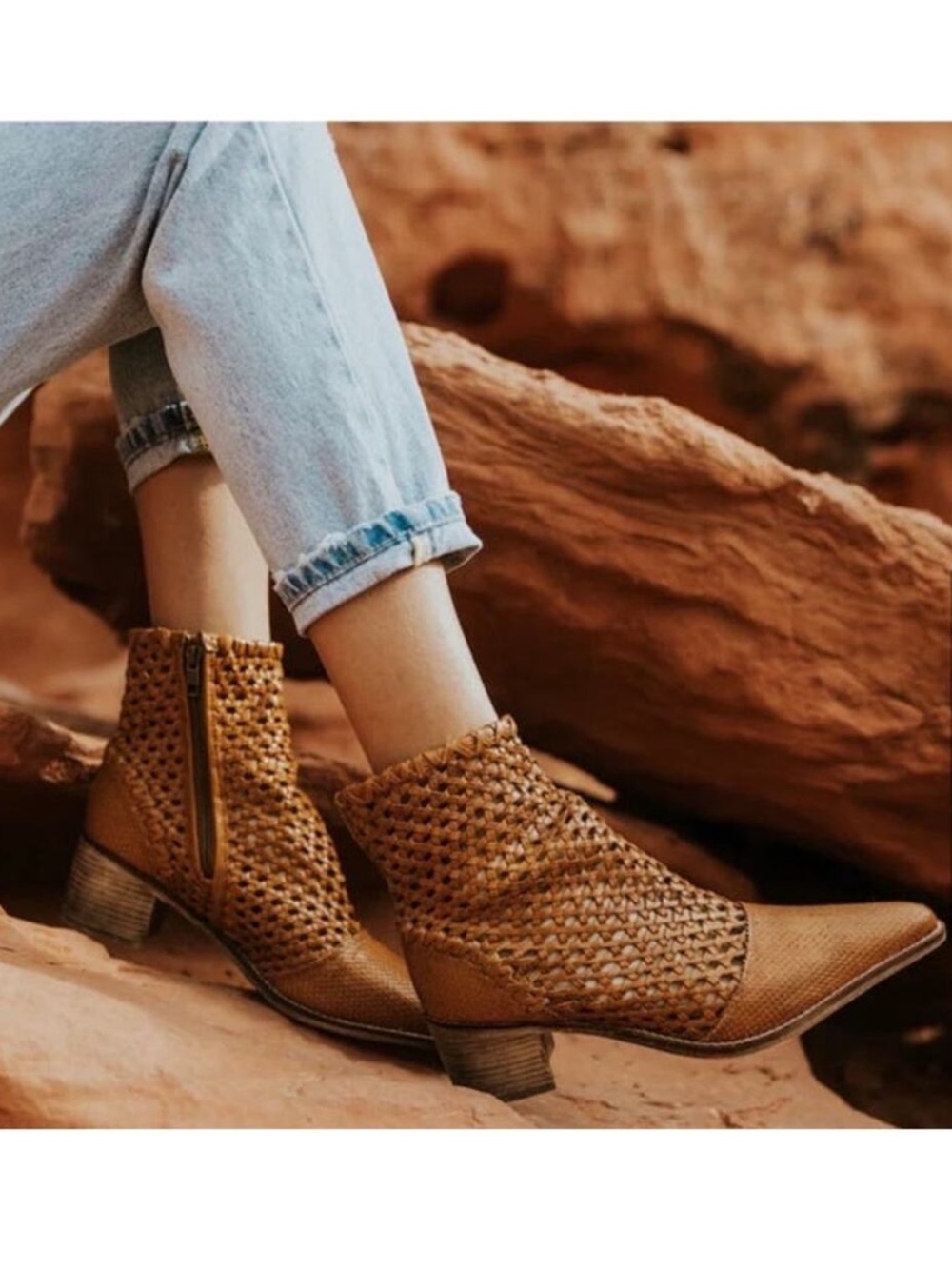 Free People In The Loop Woven Leather Ankle Boots Pointed Toe Brown Size 38